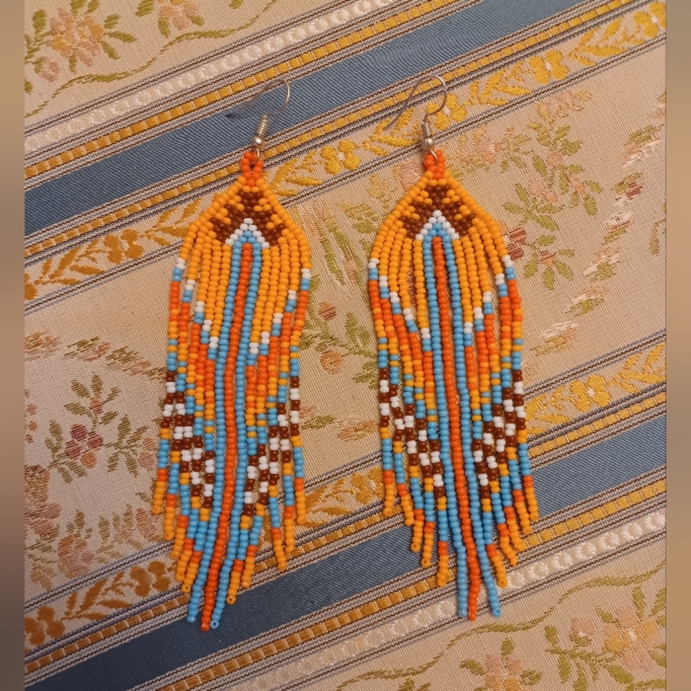 Pair Of Orange & Blue Native American Style Seed Bead Earrings, New, 4"